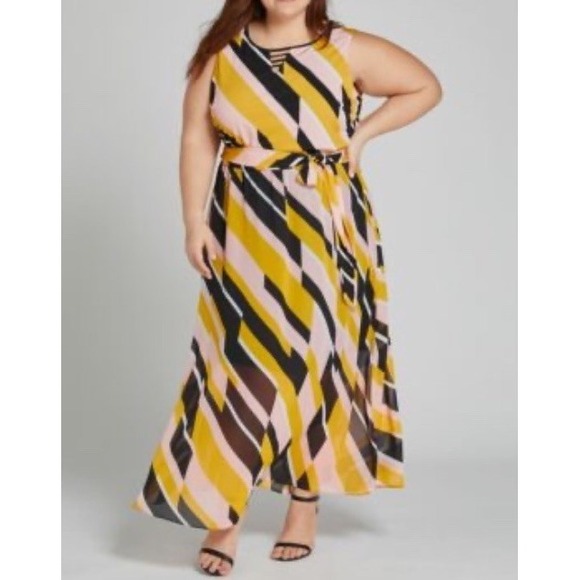Lane Bryant Dresses & Skirts - Lane Bryant Stripped Maxi Dress Sz 24 New Black Pink Yellow Belted Wedding Guest